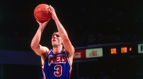 SACRAMENTO, CA - JANUARY 28: Drazen Petrovic #3 of the New Jersey Nets shoots against the Sacramento Kings on January 28, 1992 at Arco Arena in Sacramento, California. NOTE TO USER: User expressly acknowledges and agrees that, by downloading and or using this photograph, User is consenting to the terms and conditions of the Getty Images License Agreement. Mandatory Copyright Notice: Copyright 1992 NBAE (Photo by Rocky Widner/NBAE via Getty Images)